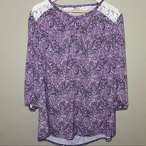 Cato 18/20W Top Purple Black White With Back Lace Upper Overlay Back Cowl Drop